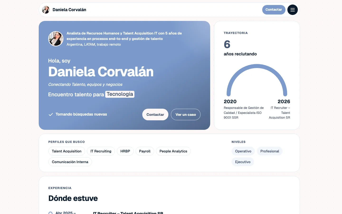 Portfolio de Daniela Corvalán, IT recruiter, en hilancer.io/r