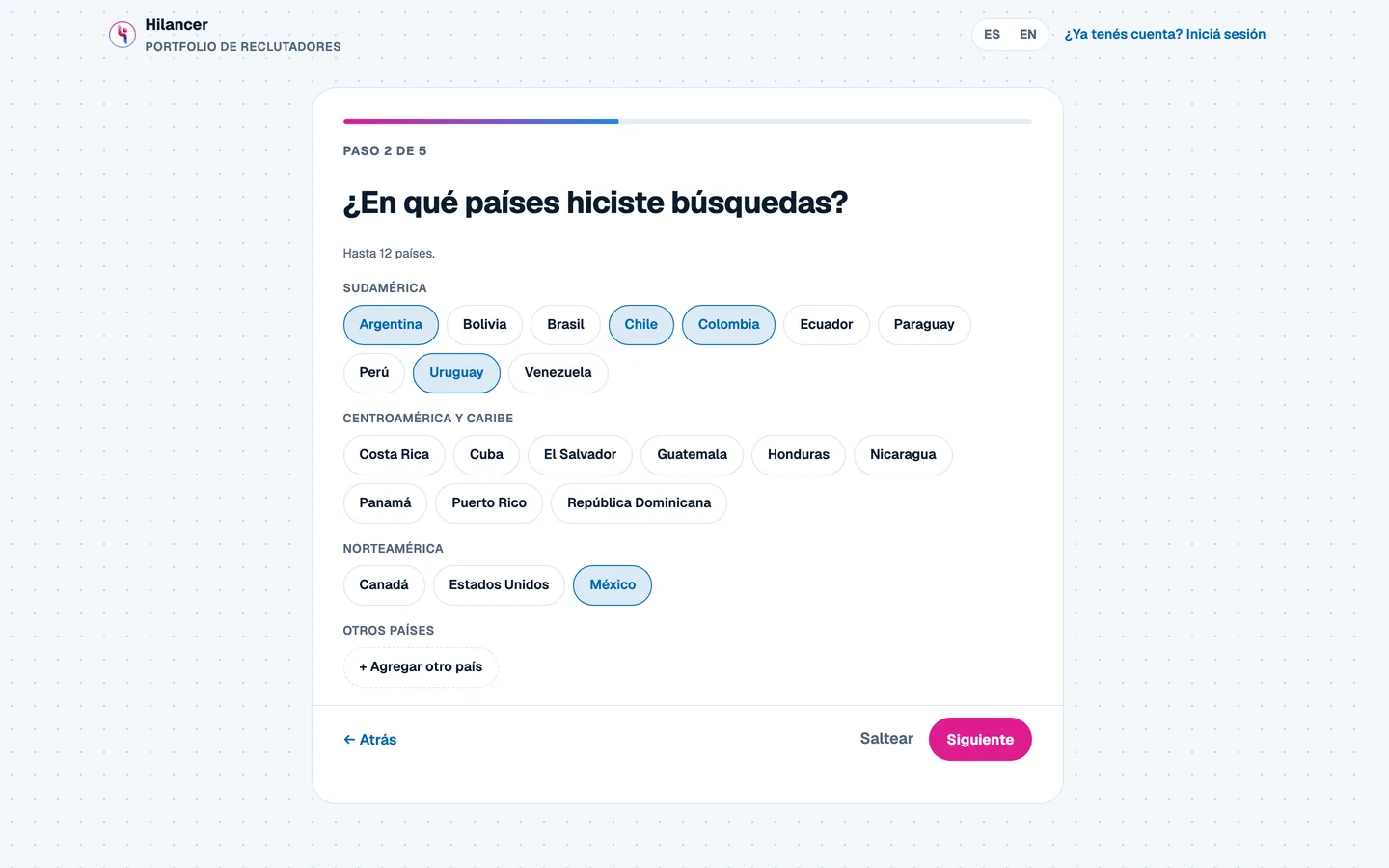 Paso 2 del alta: elegir los países donde hiciste búsquedas
