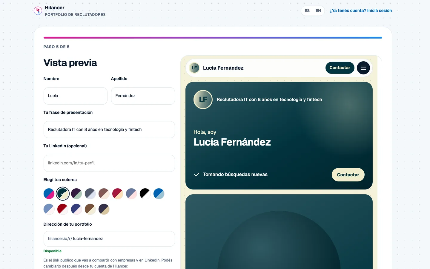 Paso 5 del alta: vista previa del portfolio mientras elegís colores y dirección